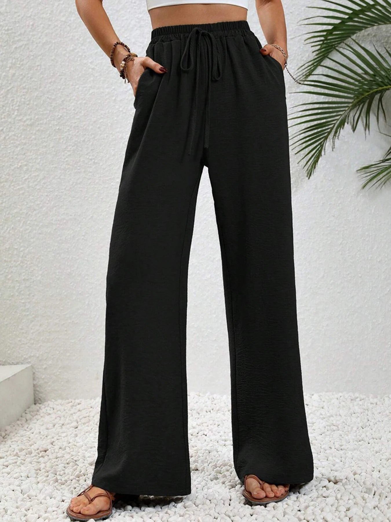 Women'S Spring/Summer/Autumn New Solid Color Ice Silk Wide Leg Pants Loose Pants Casual Pants