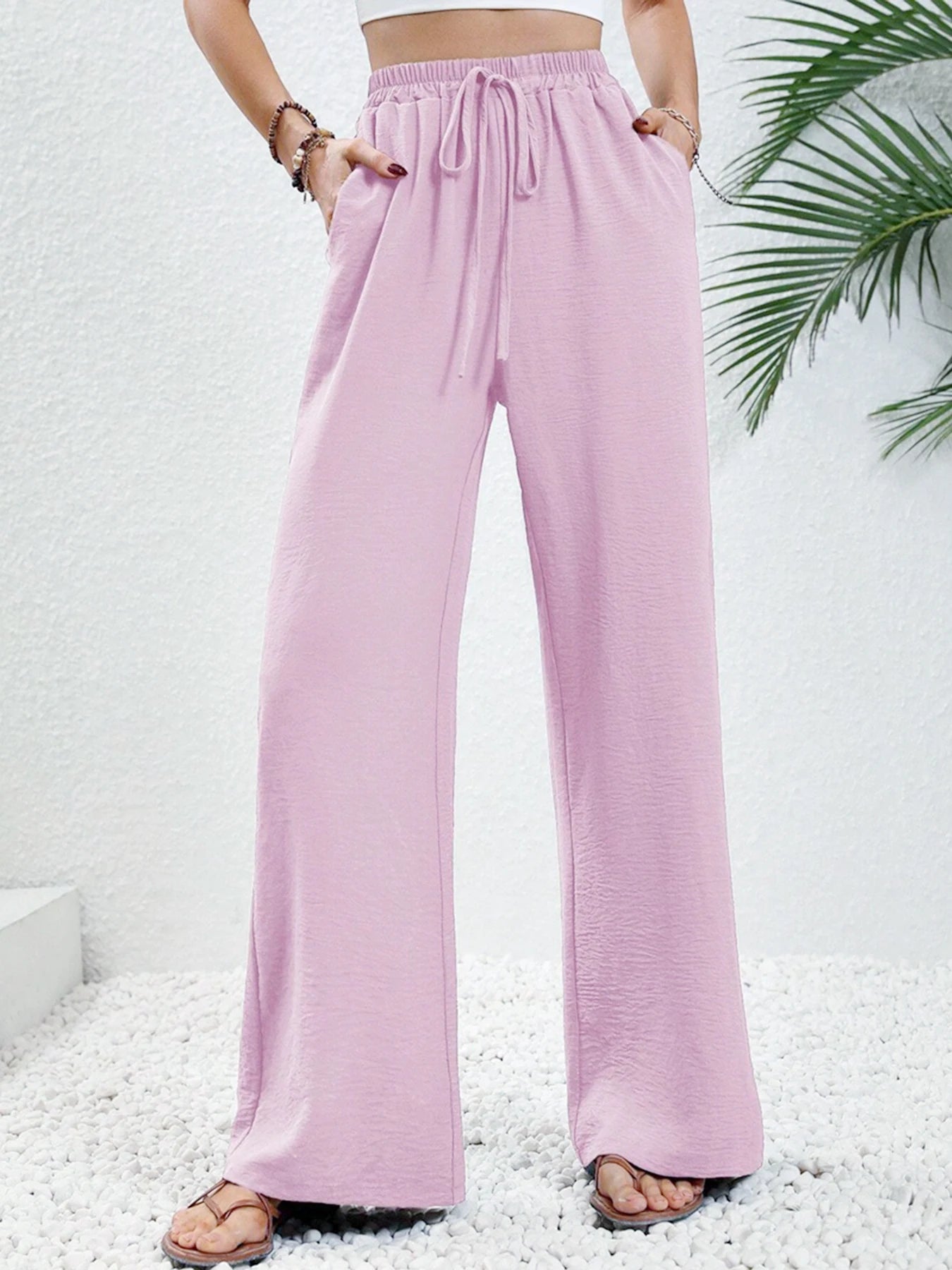 Women'S Spring/Summer/Autumn New Solid Color Ice Silk Wide Leg Pants Loose Pants Casual Pants