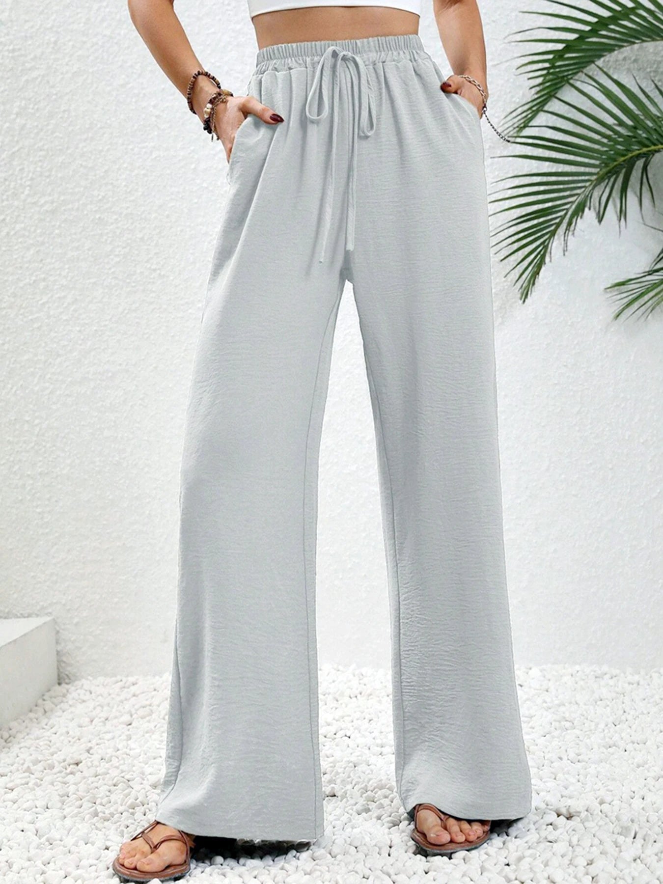 Women'S Spring/Summer/Autumn New Solid Color Ice Silk Wide Leg Pants Loose Pants Casual Pants